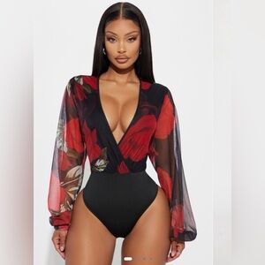 Floral Mesh Sleeve Deep V Bodysuit - Black & Red